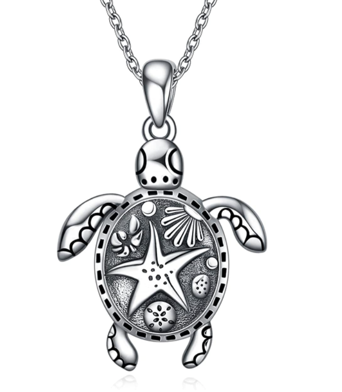Sea Turtle Starfish Pendant Necklace Seashell Turtle Jewelry Gift 925 Sterling Silver Chain 20in.