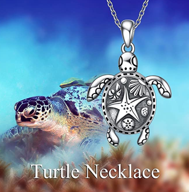 Sea Turtle Starfish Pendant Necklace Seashell Turtle Jewelry Gift 925 Sterling Silver Chain 20in.