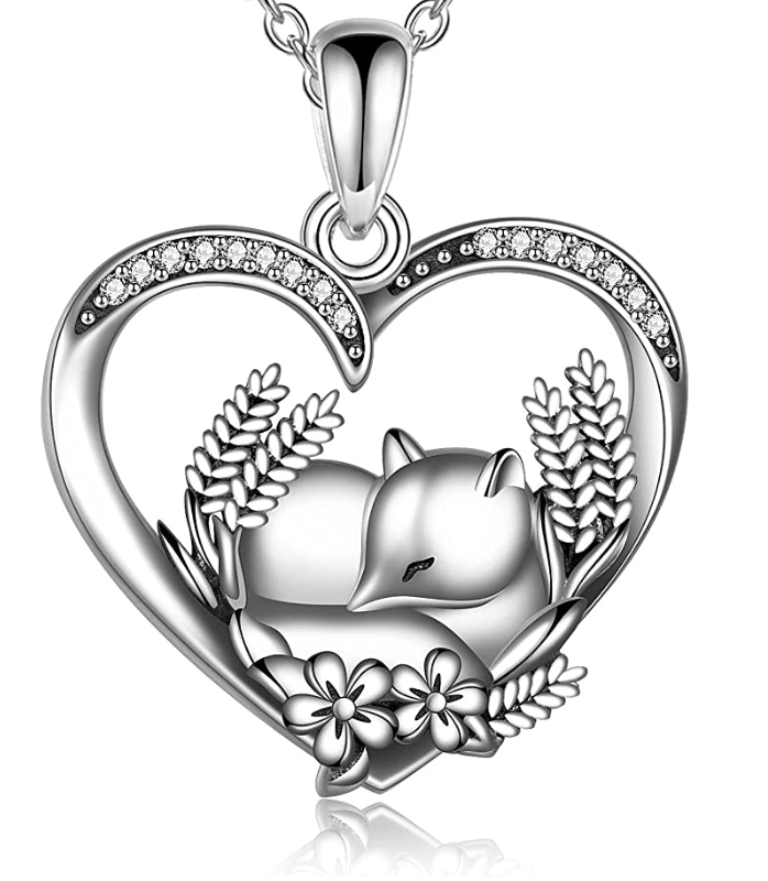 Cute Fox Diamond Pendant Flower Necklace Baby Fox Love Heart Jewelry Celtic Knot Gift 925 Sterling Silver Chain 20in.