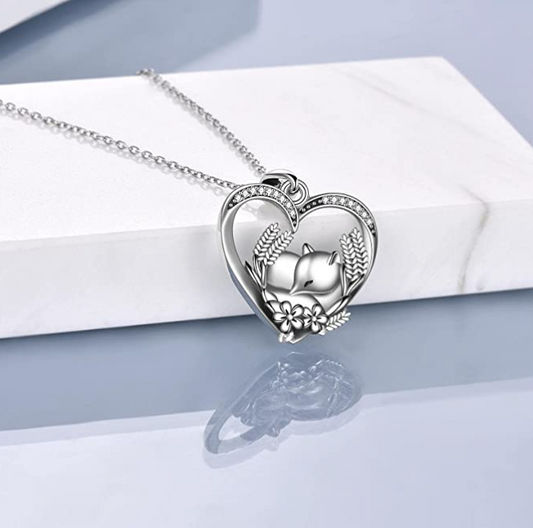 Cute Fox Diamond Pendant Flower Necklace Baby Fox Love Heart Jewelry Celtic Knot Gift 925 Sterling Silver Chain 20in.