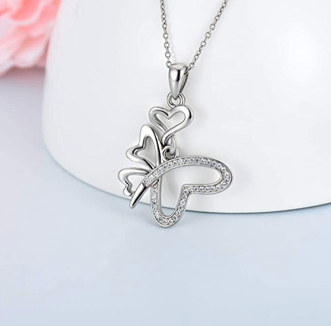 Butterfly Twist Diamond Pendant Necklace Butterfly Love Heart Jewelry Celtic Knot Gift 925 Sterling Silver Chain 20in.