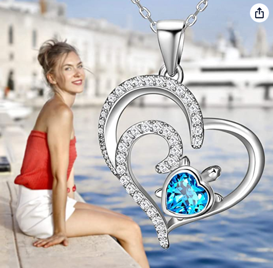 Blue Diamond Sea Turtle Pendant Necklace Turtle Double Heart Love Jewelry Gift 925 Sterling Silver Chain 20in.