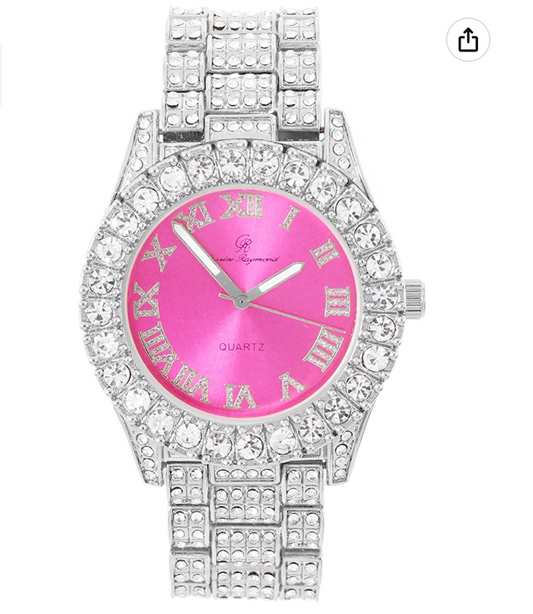 Womens Pink Dial Watch Ladies Silver Diamond Watch Luxury Jewelry Hip Hop Watch Bust Down Roman Numerals Bling Red Green Face