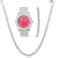 Womens Pink Dial Diamond Watch Set Ladies Silver Tennis Chain Bracelet Diamond Necklace Jewelry Hip Hop Watch Bust Down Roman Numerals Bling Red Green Color