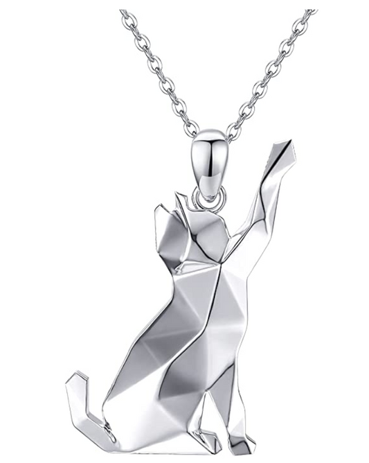 Origami Cat Necklace Pendant Cat Kitty Jewelry Gift 925 Sterling Silver Chain 20in.