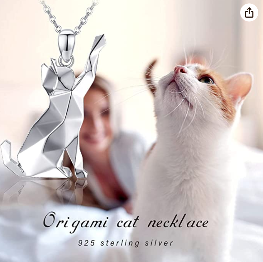 Origami Cat Necklace Pendant Cat Kitty Jewelry Gift 925 Sterling Silver Chain 20in.