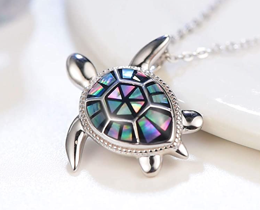 Abalone Sea Turtle Necklace Pendant Turtle Jewelry Gift 925 Sterling Silver Chain 20in.