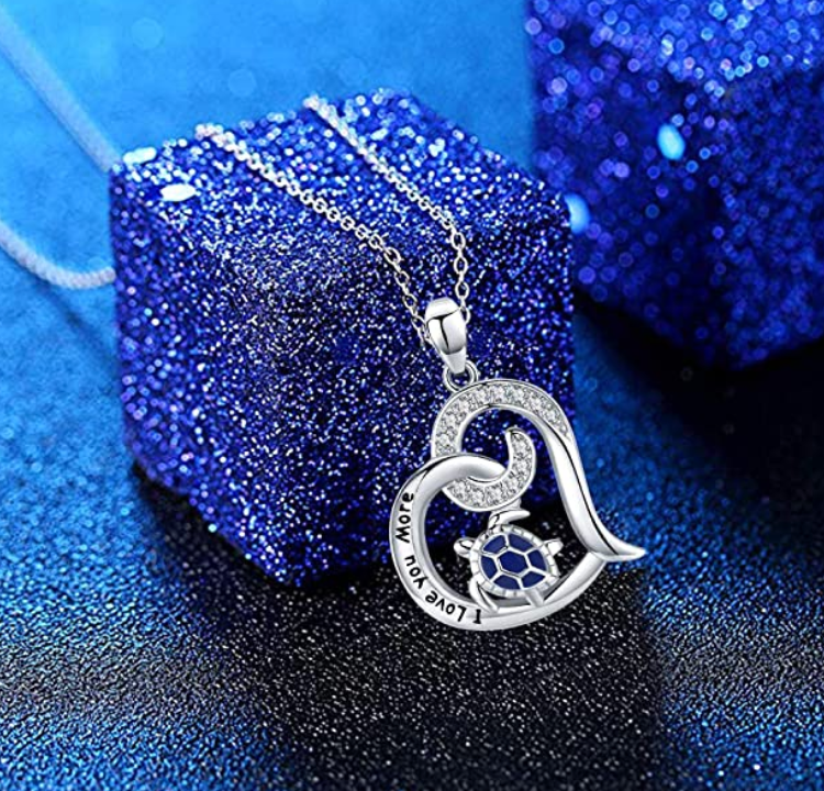 Diamond Heart Sea Turtle Necklace Pendant Turtle Love Jewelry Gift 925 Sterling Silver Chain 20in.