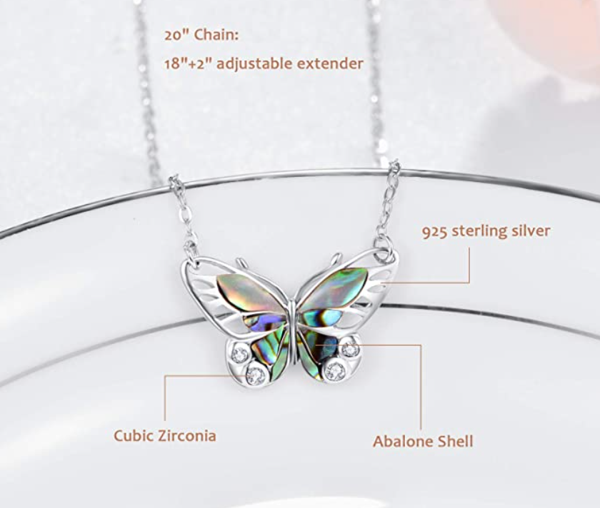Abalone Butterfly Necklace Pendant Butterfly Jewelry Gift 925 Sterling Silver Chain 20in.