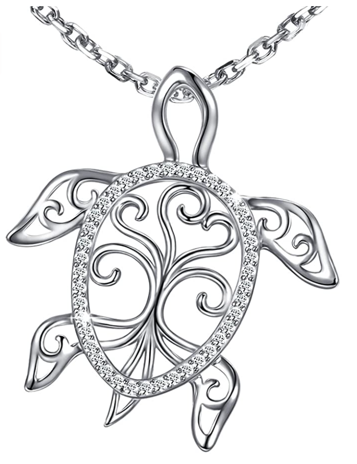 Turtle Tree of Life Necklace Diamond Pendant Turtle Jewelry Gift 925 Sterling Silver Chain 20in.