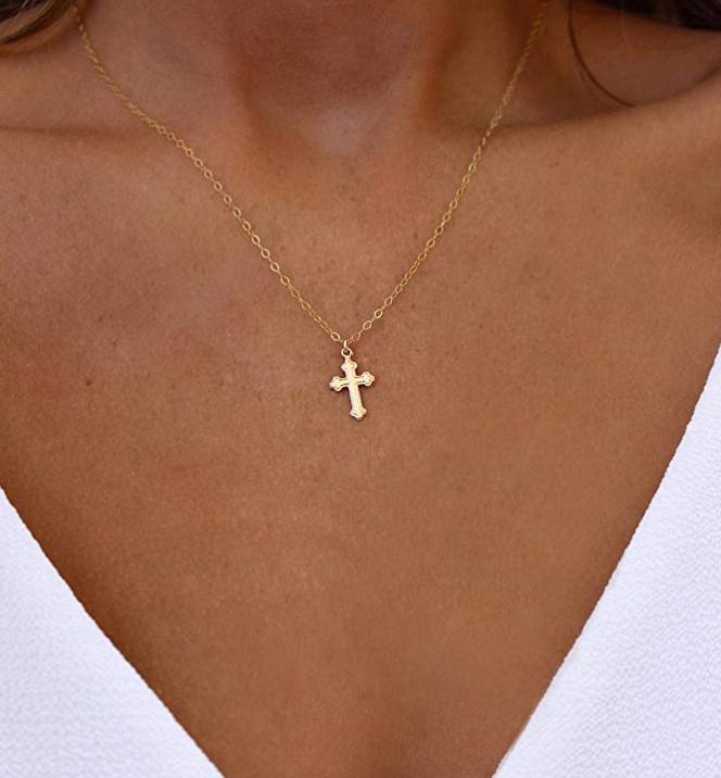 Dainty Small Cute Cross Necklace Pendant Holy Cross Jewelry Hawaiian Gift Gold Tone Brass Chain 20in.