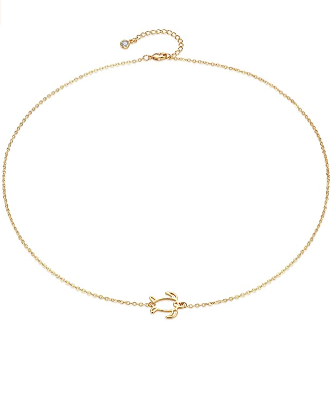 Small Cute Turtle Necklace Dainty Pendant Sea Turtle Jewelry Hawaiian Gift Gold Tone Brass Chain 20in.