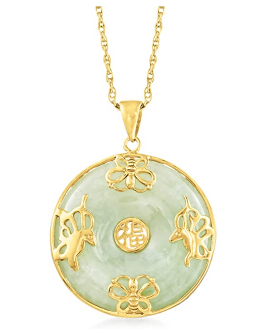 Green Jade Butterfly Necklace Pendant Butterfly Good Fortune Jewelry Lucky Gift 925 Sterling Silver Gold Chain 20in.