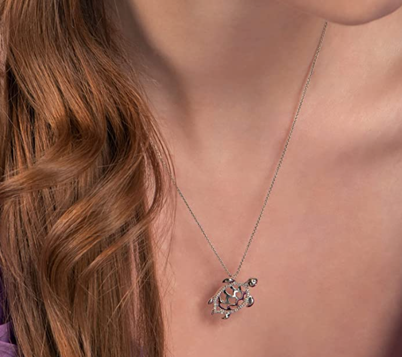 Cute Sea Turtle Diamond Necklace Pendant Turtle Jewelry Birthday Gift 925 Sterling Silver Chain 20in.