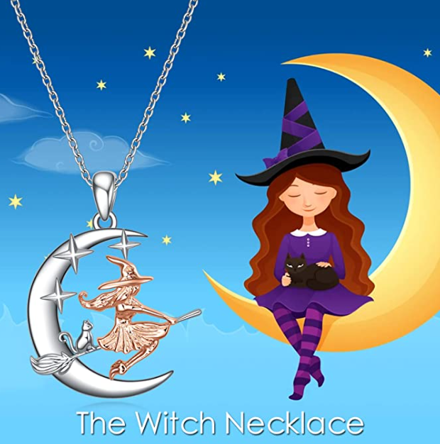 Witch Broom Moon Cat Necklace Pendant Wicca Jewelry Birthday Gift 925 Sterling Silver Chain 20in.