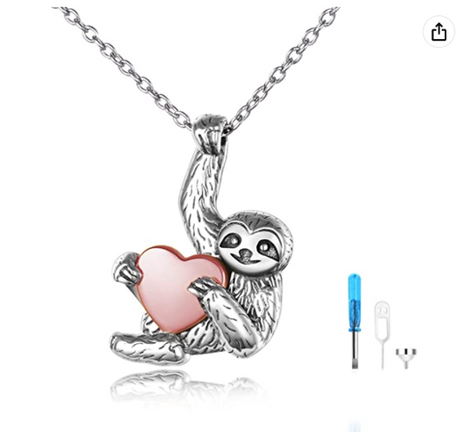 Cute Sloth Necklace Love Pendant Sloth Jewelry Cremation Urn Ashes Heart Memory Birthday Gift 925 Sterling Silver Chain 20in.