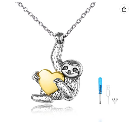 Cute Sloth Necklace Love Pendant Sloth Jewelry Cremation Urn Ashes Heart Memory Birthday Gift 925 Sterling Silver Chain 20in.
