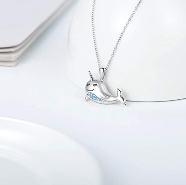 Narwhal Diamond Pendant Necklace Narwhal Whale Lucky Jewelry Birthday Gift 925 Sterling Silver Chain 20in.