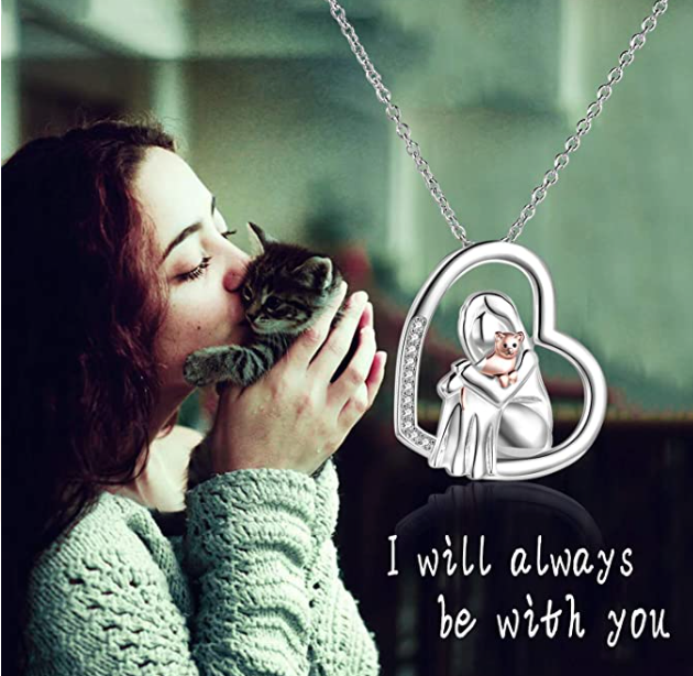 Cat & Dog Lover Diamond Pendant Heart Necklace Cat Dog Lucky Jewelry Birthday Gift 925 Sterling Silver Chain 20in.