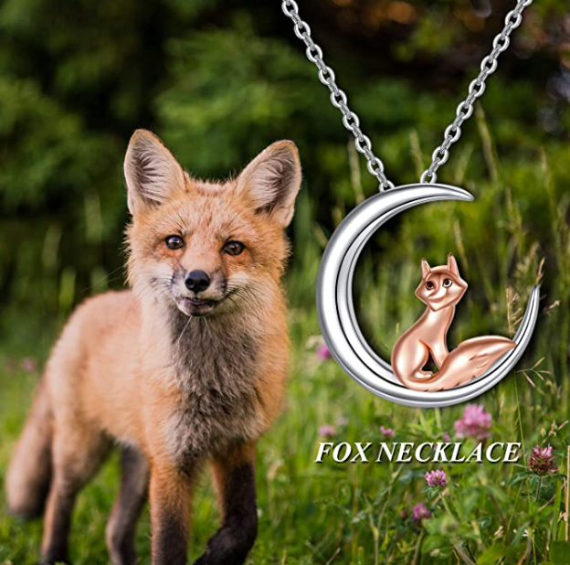 Cute Fox on Moon Pendant Necklace Fox Jewelry Birthday Gift 925 Sterling Silver Chain 20in.