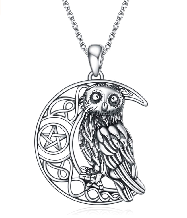 Celtic Owl Moon Star Pendant Necklace Owl Jewelry Birthday Gift 925 Sterling Silver Chain 20in.