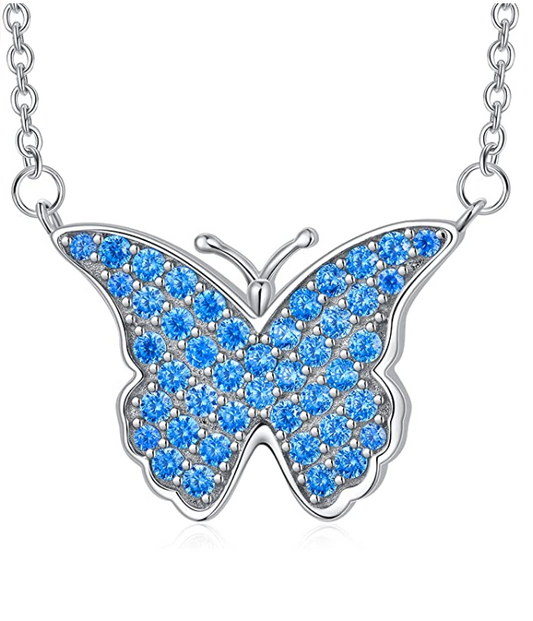 Cute Blue Butterfly Pendant Diamond Necklace Butterfly Jewelry Birthday Gift 925 Sterling Silver Chain 20in.