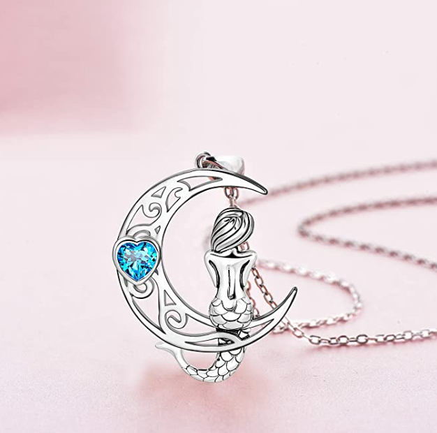 Cute Mermaid Moon Love Pendant Diamond Heart Necklace Mermaid Jewelry Birthday Gift 925 Sterling Silver Chain 20in.
