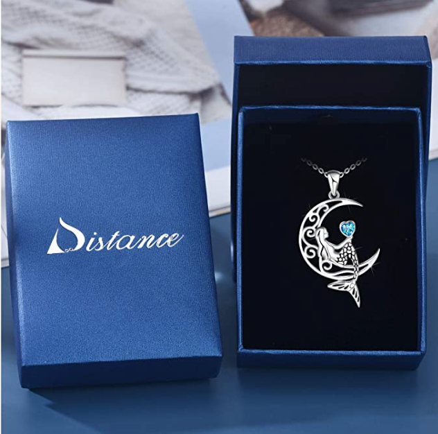 Cute Mermaid Moon Heart Necklace Love Pendant Diamond Mermaid Jewelry Birthday Gift 925 Sterling Silver Chain 20in.