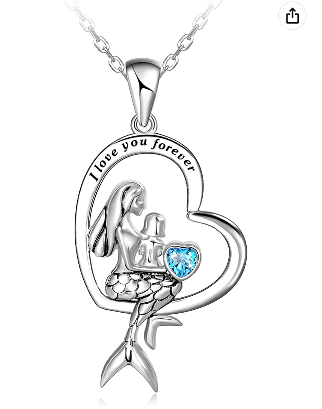 Mother Daughter Mermaid Heart Necklace Love Pendant Diamond Mermaid Jewelry Birthday Gift 925 Sterling Silver Chain 20in.
