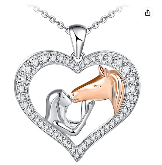 Cute Horse Heart Necklace Love Pendant Diamond Horse Farmer Jewelry Birthday Gift 925 Sterling Silver Chain 20in.