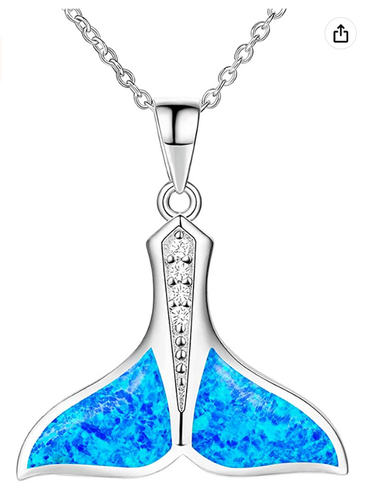 Blue Opal Whale Tail Necklace Diamond Pendant Whale Fin Beach Ocean Tropical Jewelry Hawaiian Gift 925 Sterling Silver 20in.