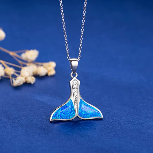 Blue Opal Whale Tail Necklace Diamond Pendant Whale Fin Beach Ocean Tropical Jewelry Hawaiian Gift 925 Sterling Silver 20in.