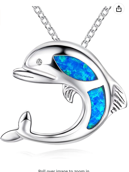 Cute Blue Opal Dolphin Necklace Pendant Dolphin Beach Ocean Tropical Jewelry Hawaiian Gift 925 Sterling Silver 20in.