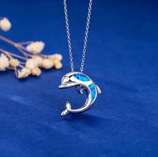 Cute Blue Opal Dolphin Necklace Pendant Dolphin Beach Ocean Tropical Jewelry Hawaiian Gift 925 Sterling Silver 20in.