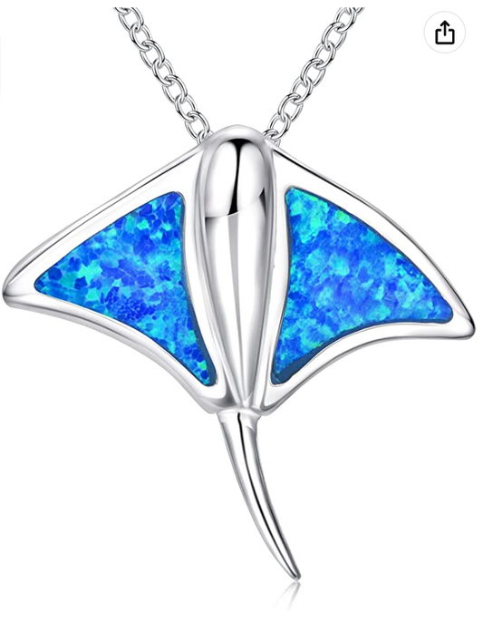 Cute Blue Opal Stingray Necklace Pendant Sting Ray Beach Ocean Tropical Jewelry Hawaiian Gift 925 Sterling Silver 20in.