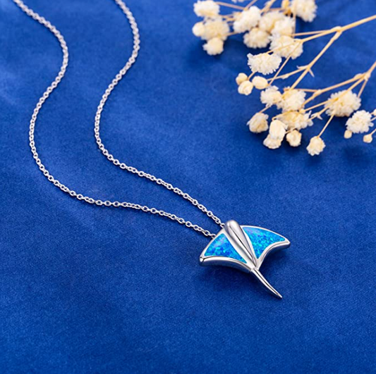 Cute Blue Opal Stingray Necklace Pendant Sting Ray Beach Ocean Tropical Jewelry Hawaiian Gift 925 Sterling Silver 20in.