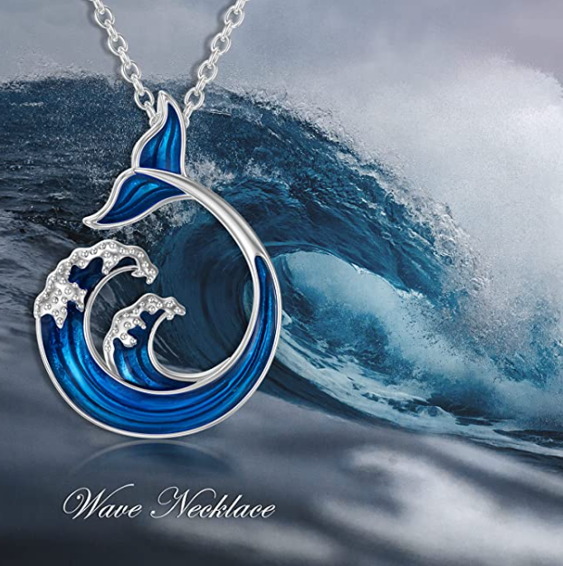 Blue Water Wave Necklace Whale Tail Dolphin Pendant Surfer Beach Tropical Ocean Sea Jewelry Hawaiian Birthday Gift 925 Sterling Silver Chain 20in.