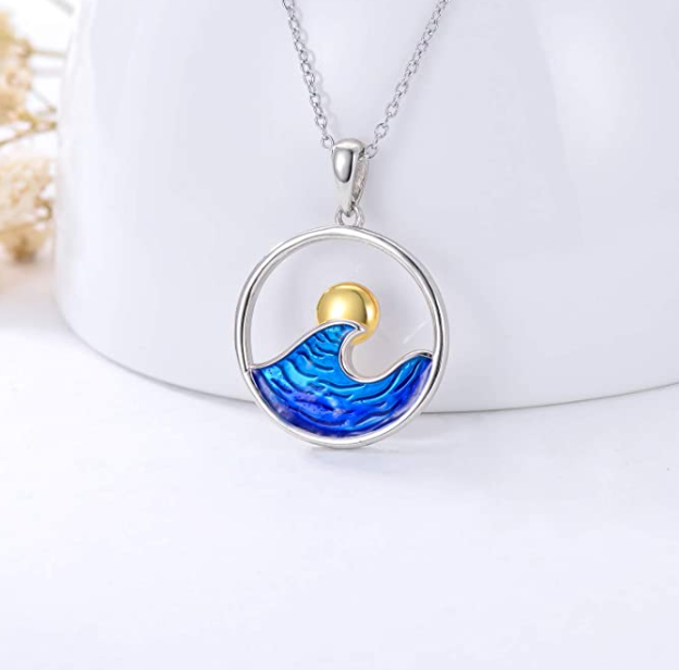 Blue Water Wave Sun Necklace Pendant Surfer Beach Tropical Ocean Sea Jewelry Hawaiian Birthday Gift 925 Sterling Silver Chain 20in.