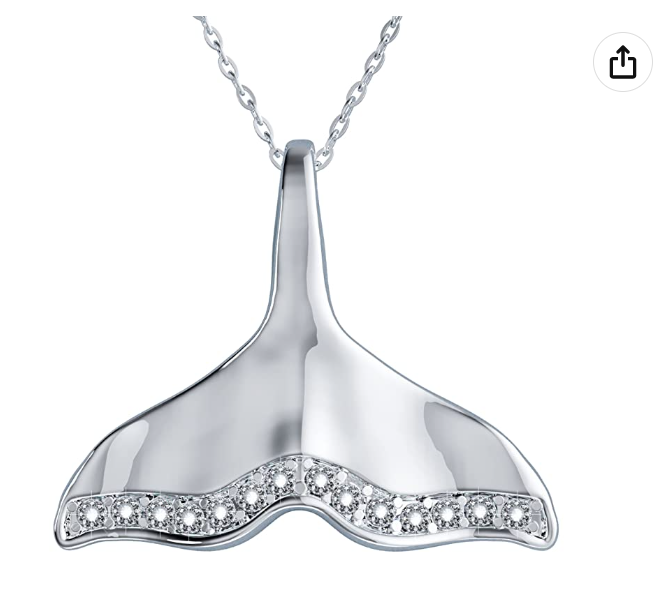 925 Sterling Silver Diamond Dolphin Whale Tail Pendant Necklace Chain Whale Fin Beach Ocean Tropical Jewelry Hawaiian Gift 20in.