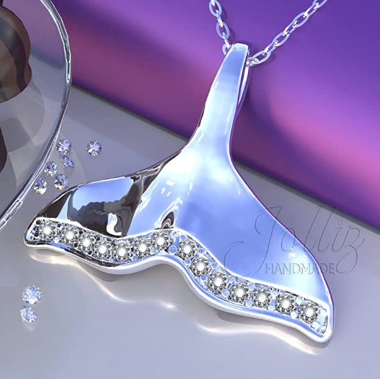 925 Sterling Silver Diamond Dolphin Whale Tail Pendant Necklace Chain Whale Fin Beach Ocean Tropical Jewelry Hawaiian Gift 20in.
