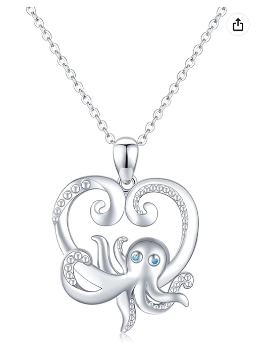 925 Sterling Silver Octopus Pendant Necklace Chain Octopus Love Heart Jewelry Gift 20in.