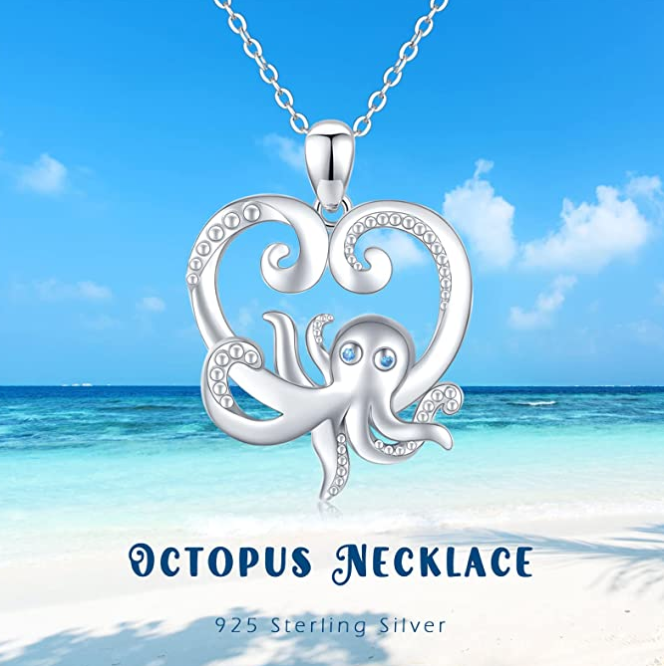 925 Sterling Silver Octopus Pendant Necklace Chain Octopus Love Heart Jewelry Gift 20in.