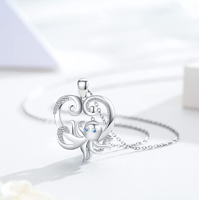 925 Sterling Silver Octopus Pendant Necklace Chain Octopus Love Heart Jewelry Gift 20in.