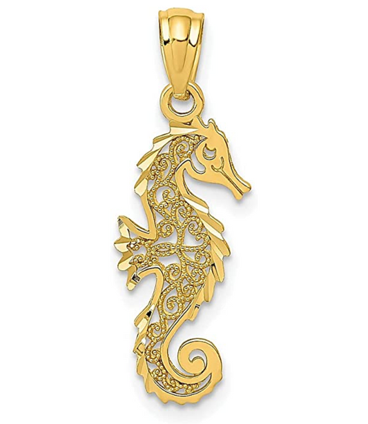 14K Gold Filigree Sea Horse Charm Bracelet Pendant for Necklace Seahorse Jewelry Birthday Gift