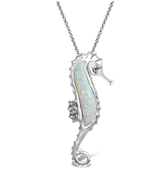 White Opal Sea Horse Necklace Pendant Seahorse Jewelry Birthday Gift 925 Sterling Silver Chain 18in.