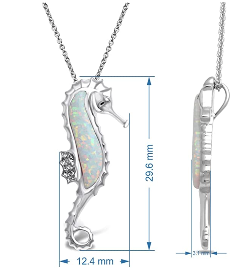 White Opal Sea Horse Necklace Pendant Seahorse Jewelry Birthday Gift 925 Sterling Silver Chain 18in.