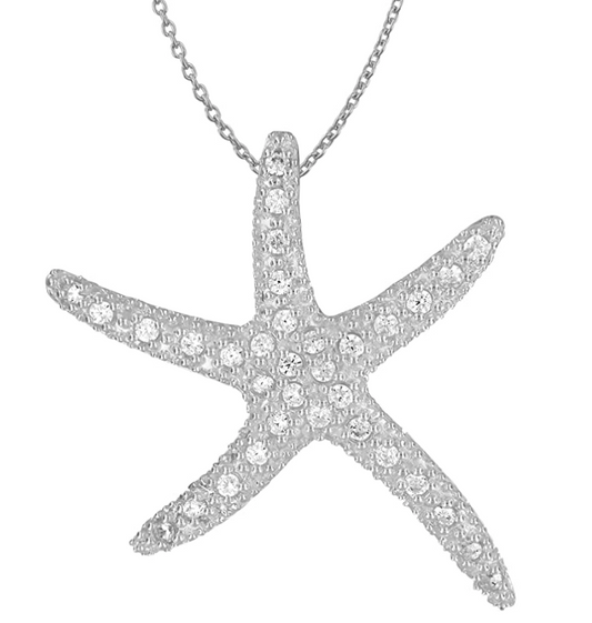 Starfish Charm Diamond Pendant Necklace Star Fish Jewelry Birthday Gift 925 Sterling Silver Chain 18in.