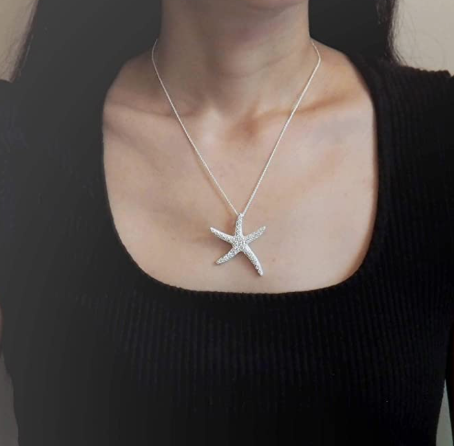 Starfish Charm Diamond Pendant Necklace Star Fish Jewelry Birthday Gift 925 Sterling Silver Chain 18in.