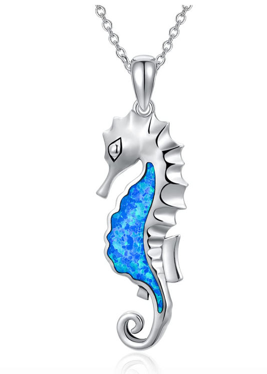 Blue Opal Sea Horse Charm Pendant Diamond Necklace Seahorse Jewelry Birthday Gift 925 Sterling Silver Chain 18in.
