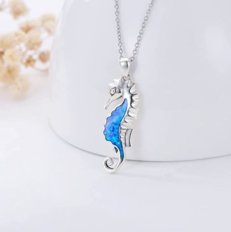 Blue Opal Sea Horse Charm Pendant Diamond Necklace Seahorse Jewelry Birthday Gift 925 Sterling Silver Chain 18in.